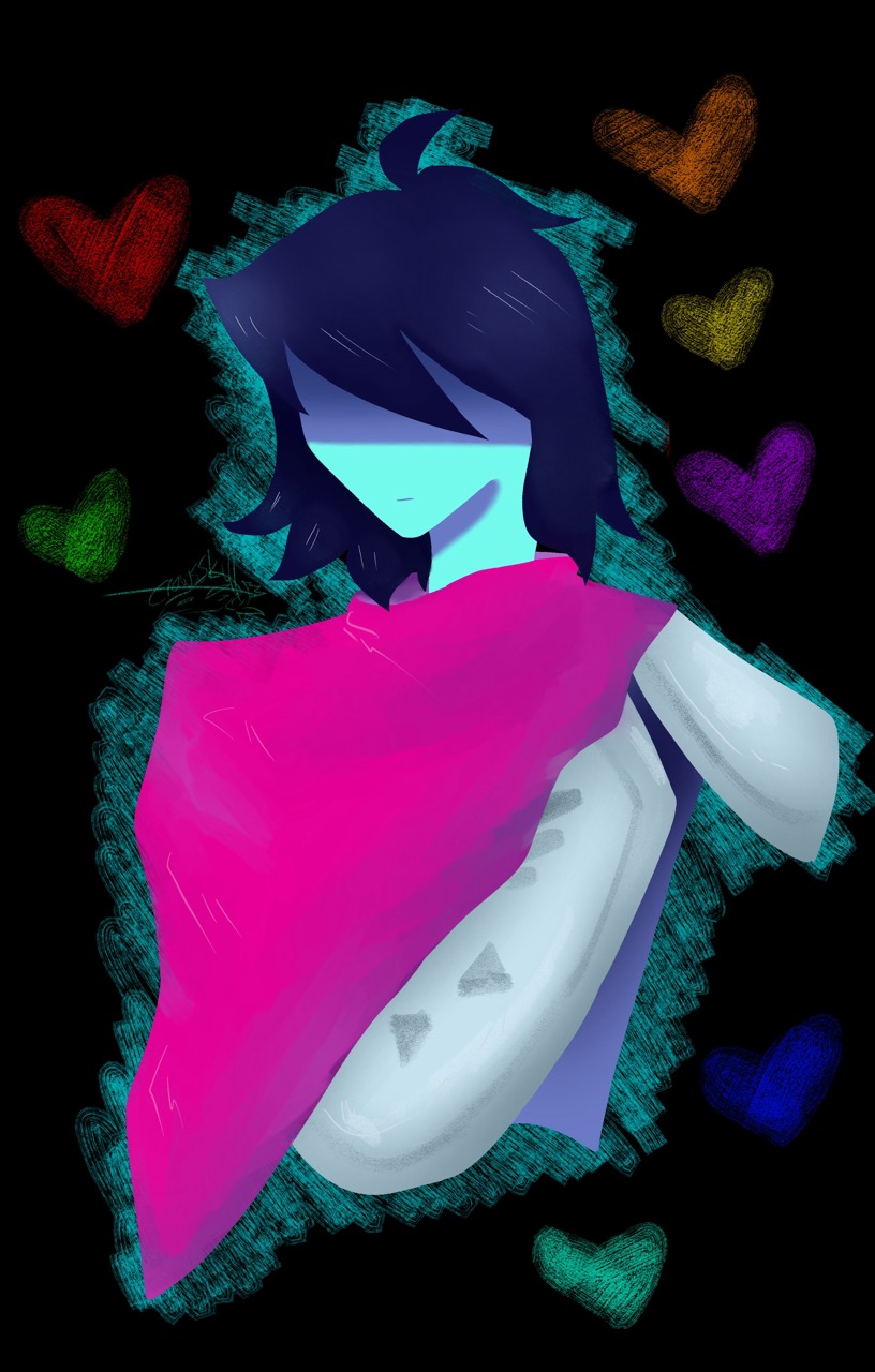 An illustrated blue-skinned character with dark purple hair and a bright pink shawl against a black background, surrounded by small multicoloured hearts.