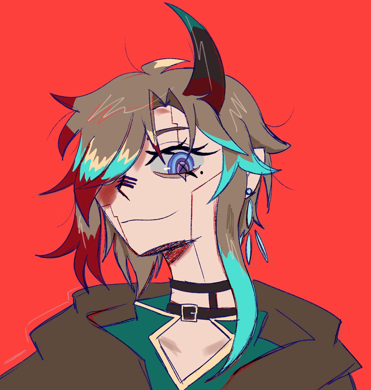 An anime-style portrait of a horned character with brown hair and teal highlights, wearing a black choker and dark jacket against a solid red background.