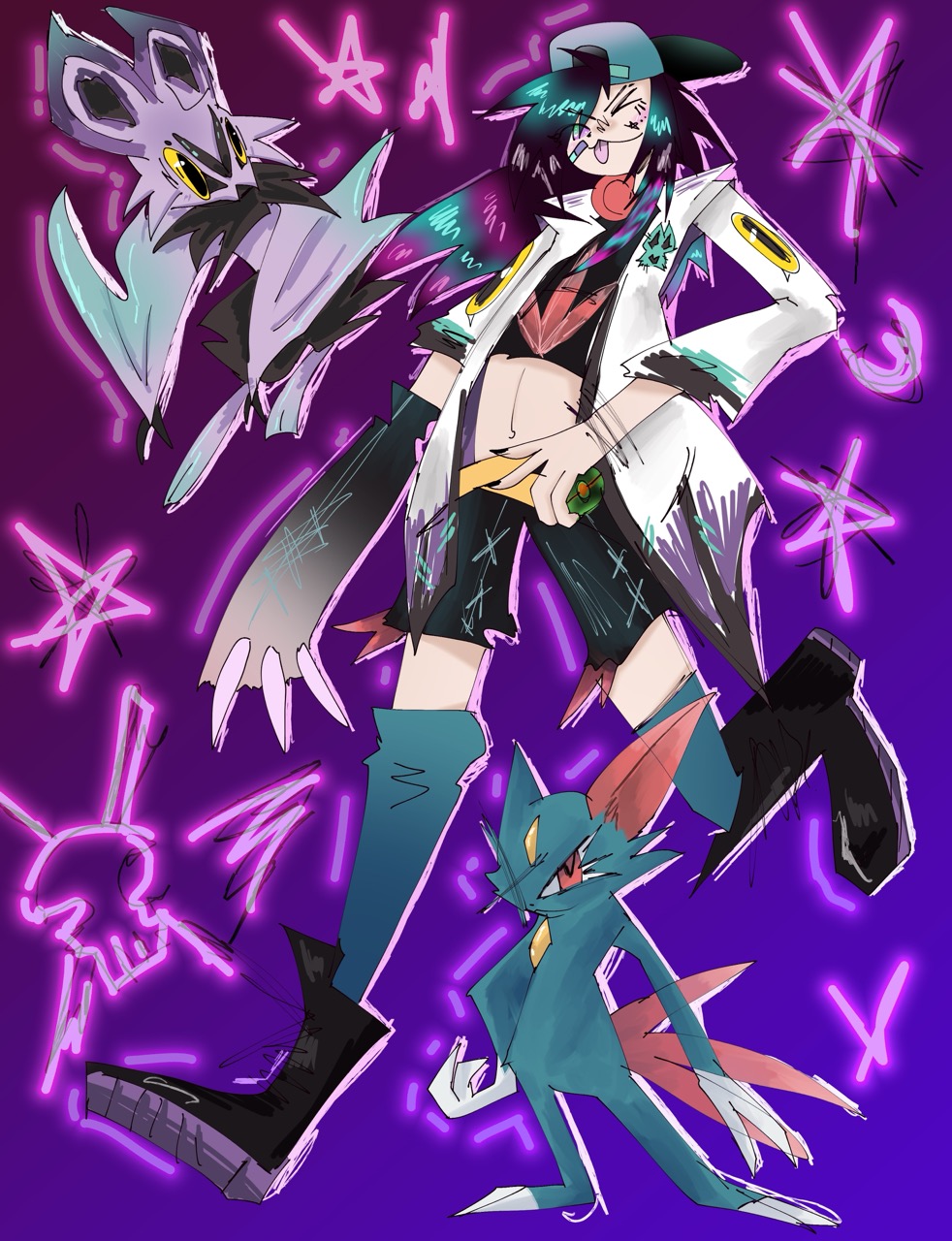 An anime-style character with teal hair stands in a white coat, with two dragon-like creatures beside them against a purple background with neon star shapes.