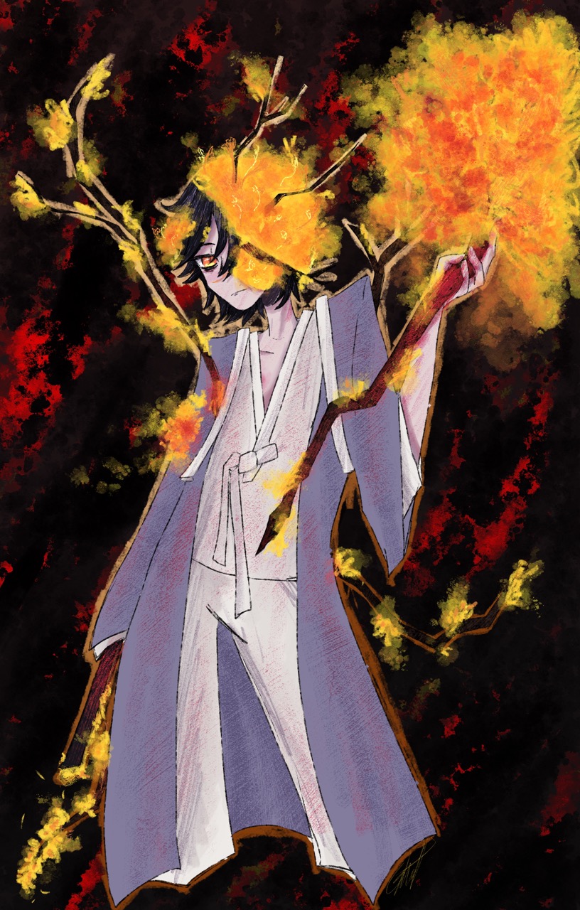 An illustrated anime-style figure in a pale robe stands against a dark background with bright yellow and orange flames or smoke around them.