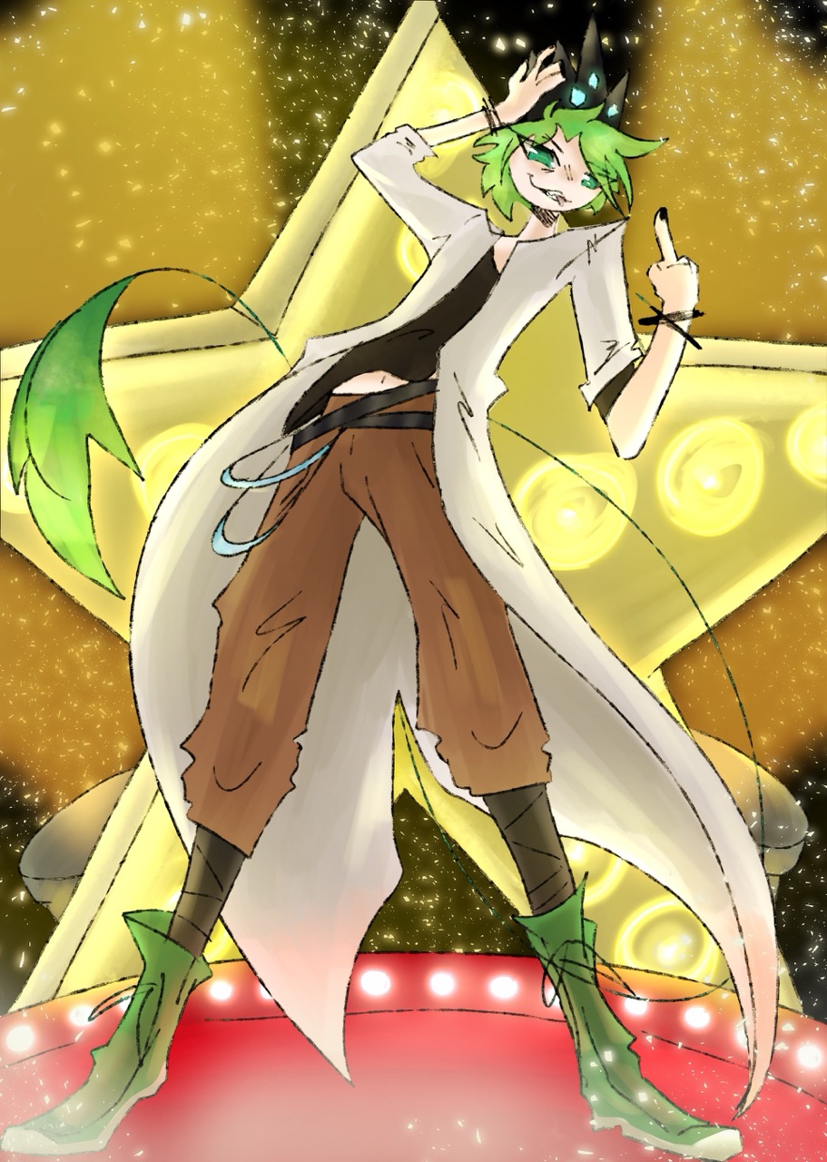 An anime-style character with green hair, a long white coat and green boots poses on a red stage beside a large glowing gold star.