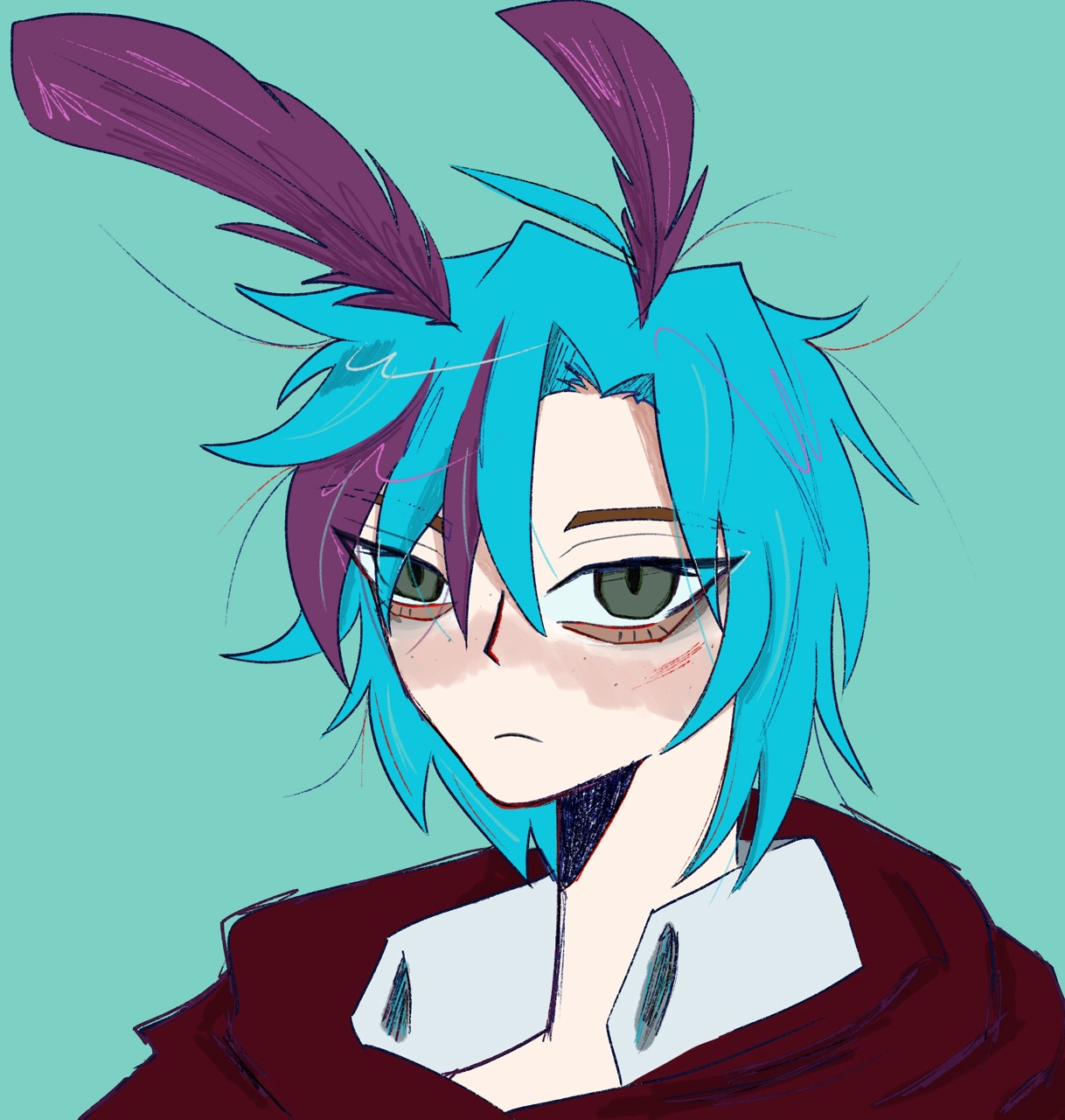 An anime-style portrait of a blue-haired character with long purple ear-like tufts, wearing a dark red cloak against a plain mint-green background.