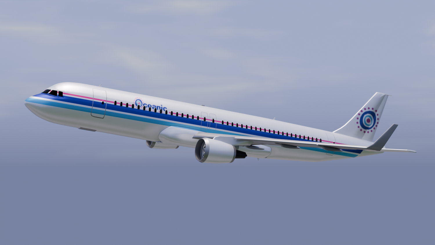 White commercial aircraft with blue and purple stripe livery flying against grey cloudy sky, viewed from side angle.