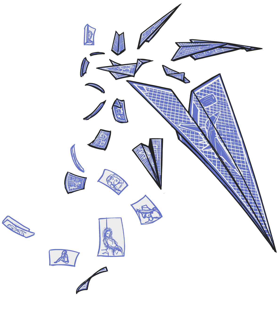 Blue sketch illustration of photos floating into paper planes.