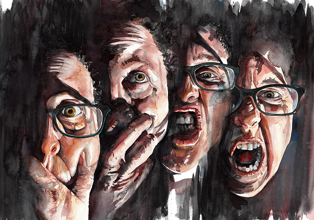 A surreal painting featuring three faces of a person with glasses. The left face is covering its mouth, the middle face appears shocked, and the right face is screaming. The background features dark and muted colours, enhancing the dramatic effect.