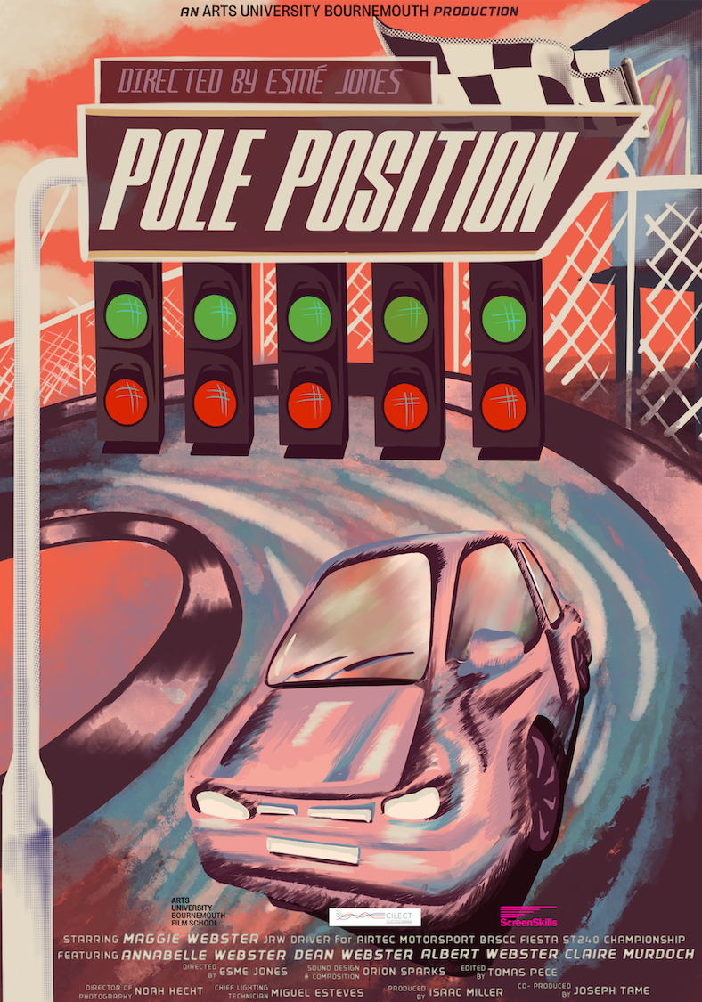 Theatre poster with "Pole Position" title, racing car on curved track, five traffic lights showing green and red circles, chequered flag pattern, red and orange geometric background elements.