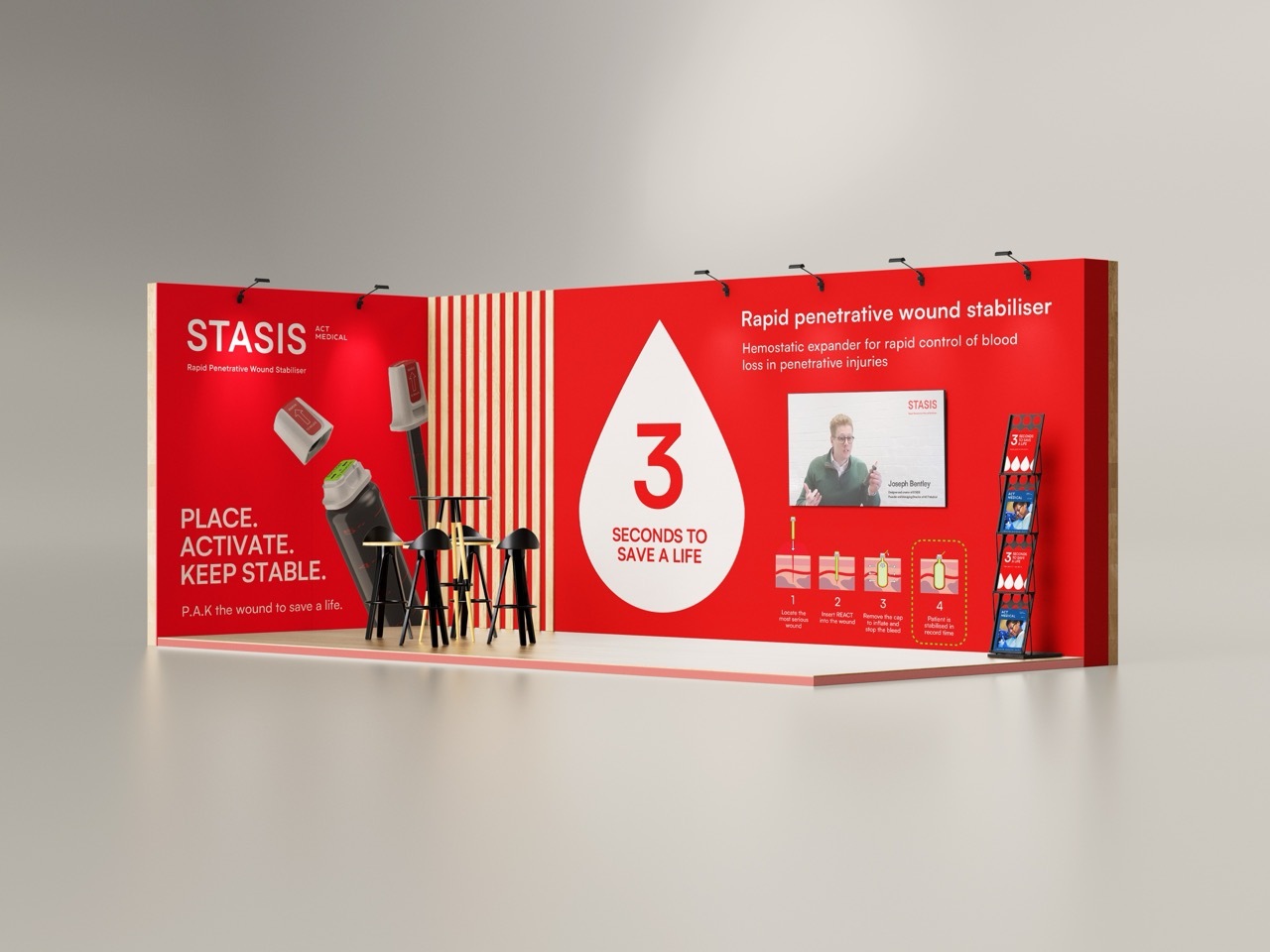 3D render of a police expo stand, red background with white text and white drop design.