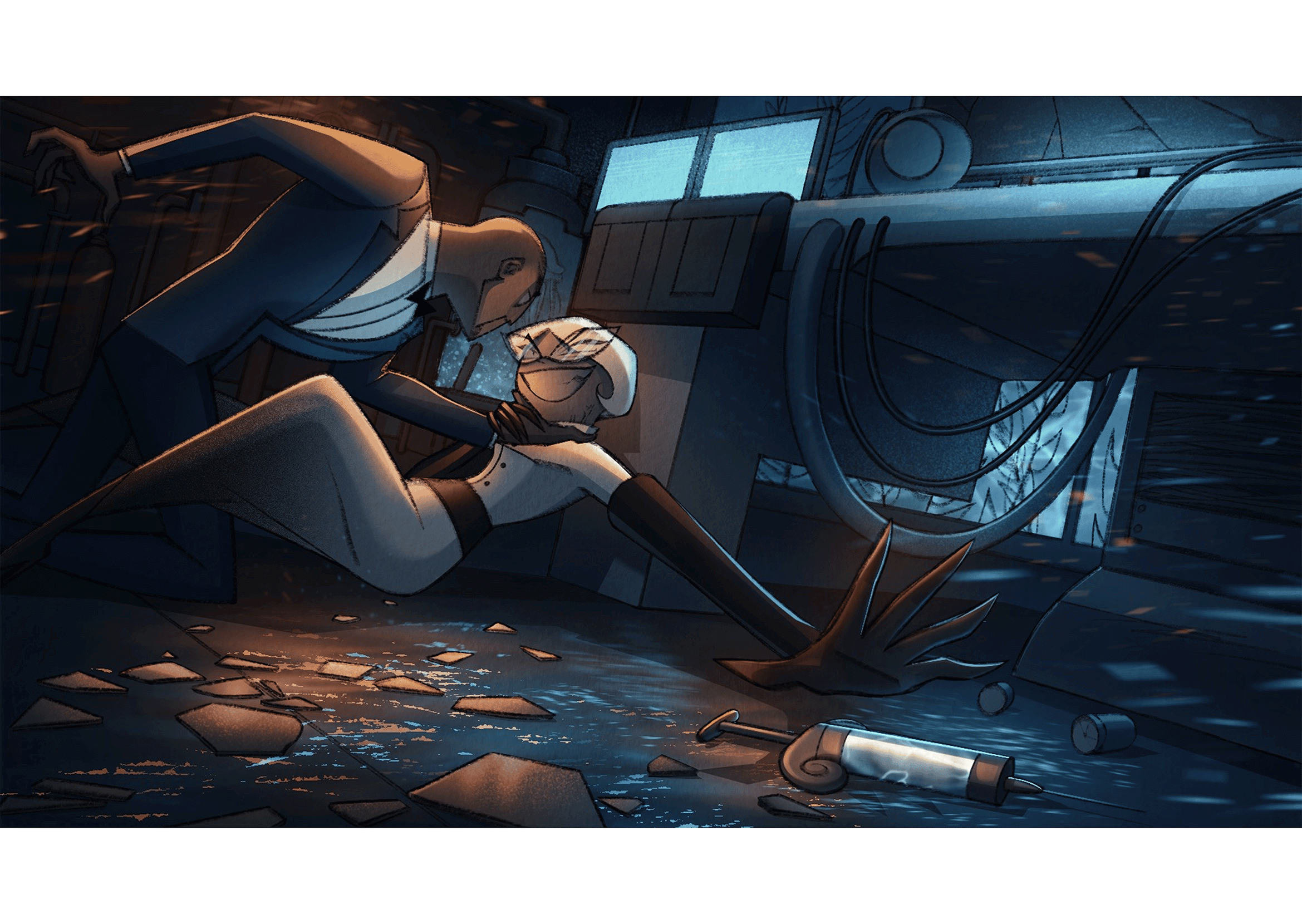 Digital illustration of figure in blue and brown tones crouched in dark interior space with scattered objects and blue light from windows.