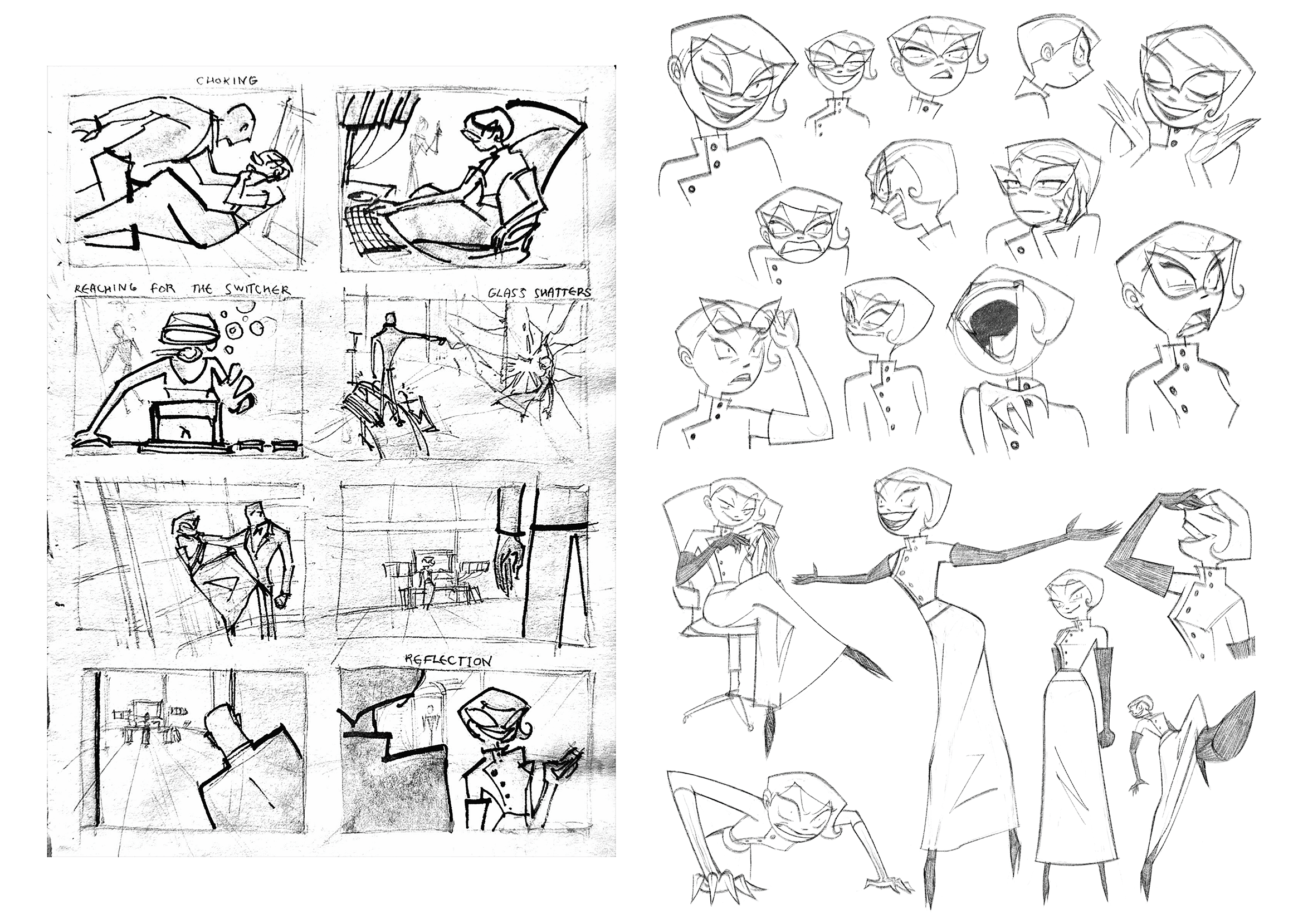 Black ink sketches on white paper showing storyboard panels on left and character studies on right with various angular figures and poses.
