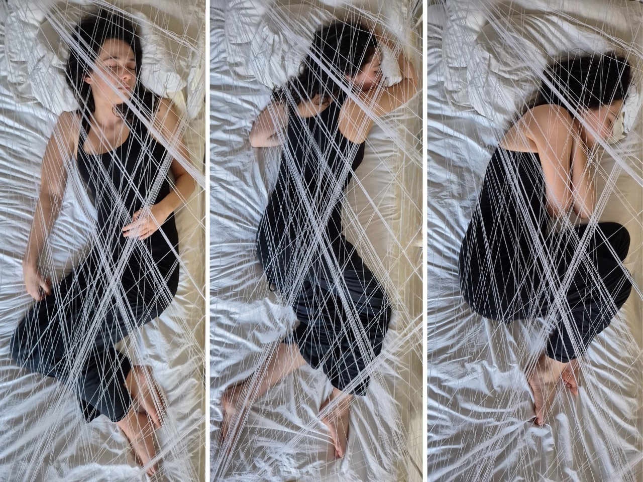Three-panel image showing person in black clothing lying on crumpled silver metallic fabric with white, linear intersecting threads across surface.