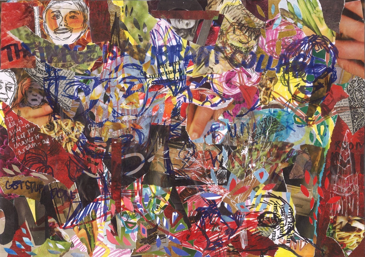 Chaotic collage artwork with overlapping torn paper fragments, faces, and graffiti-style marks in bright reds, yellows, blues, and greens.