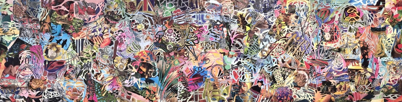 Dense collage of overlapping magazine clippings, comics, and printed materials in bright colours including pink, blue, yellow, and purple.