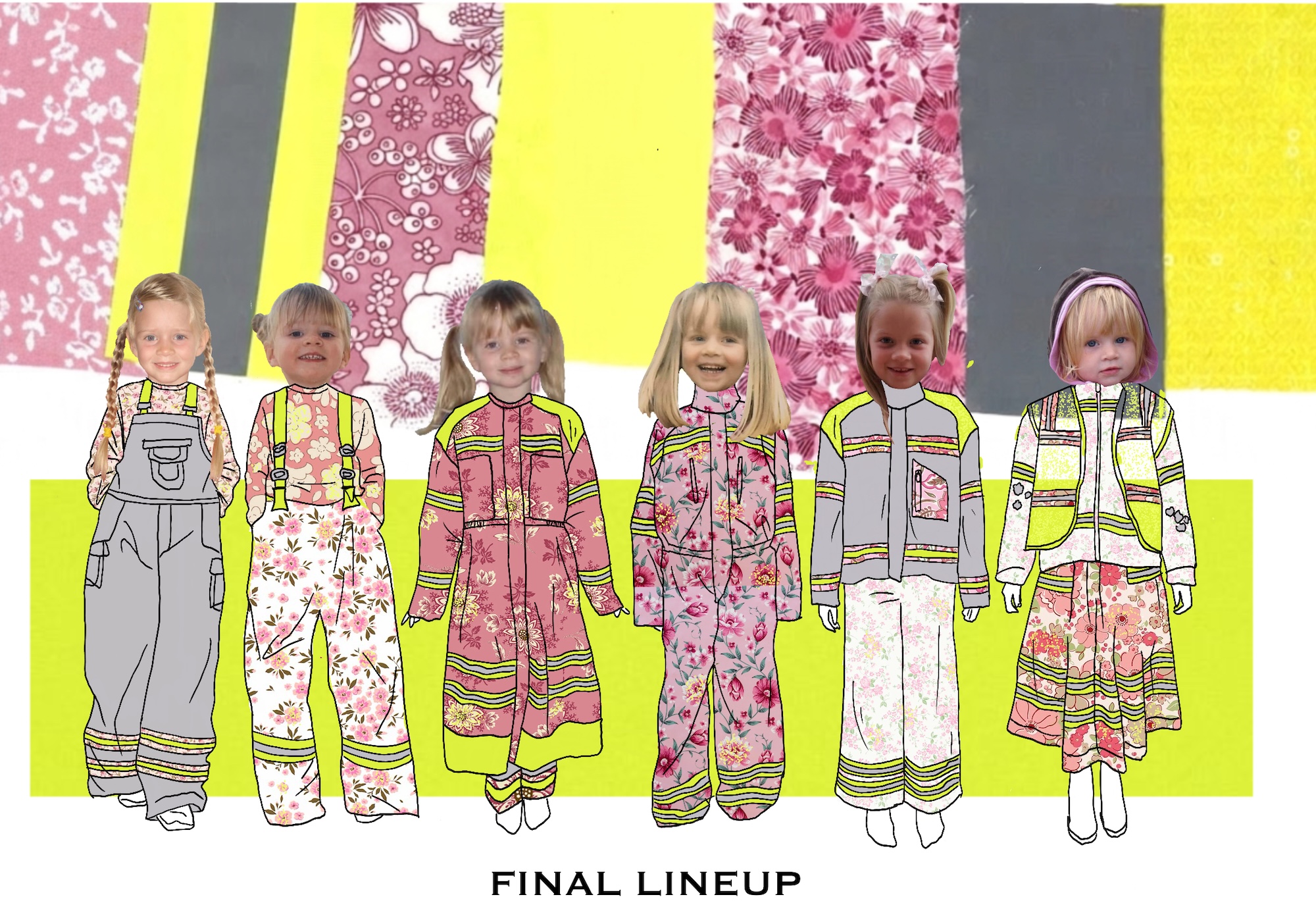 A collage showing six children’s faces superimposed on illustrations of colourful jumpsuits and outfits. The background features bright patterns in pink and yellow, and the text at the bottom reads "FINAL LINEUP".