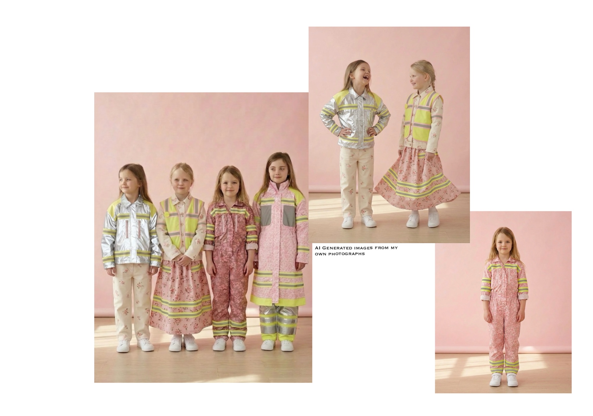 Five children are standing in a brightly lit studio against a soft pink background. They are wearing various brightly coloured outfits, including jackets and overalls, with patterns and reflective details. Two of the children are posing in separate images on the right.
