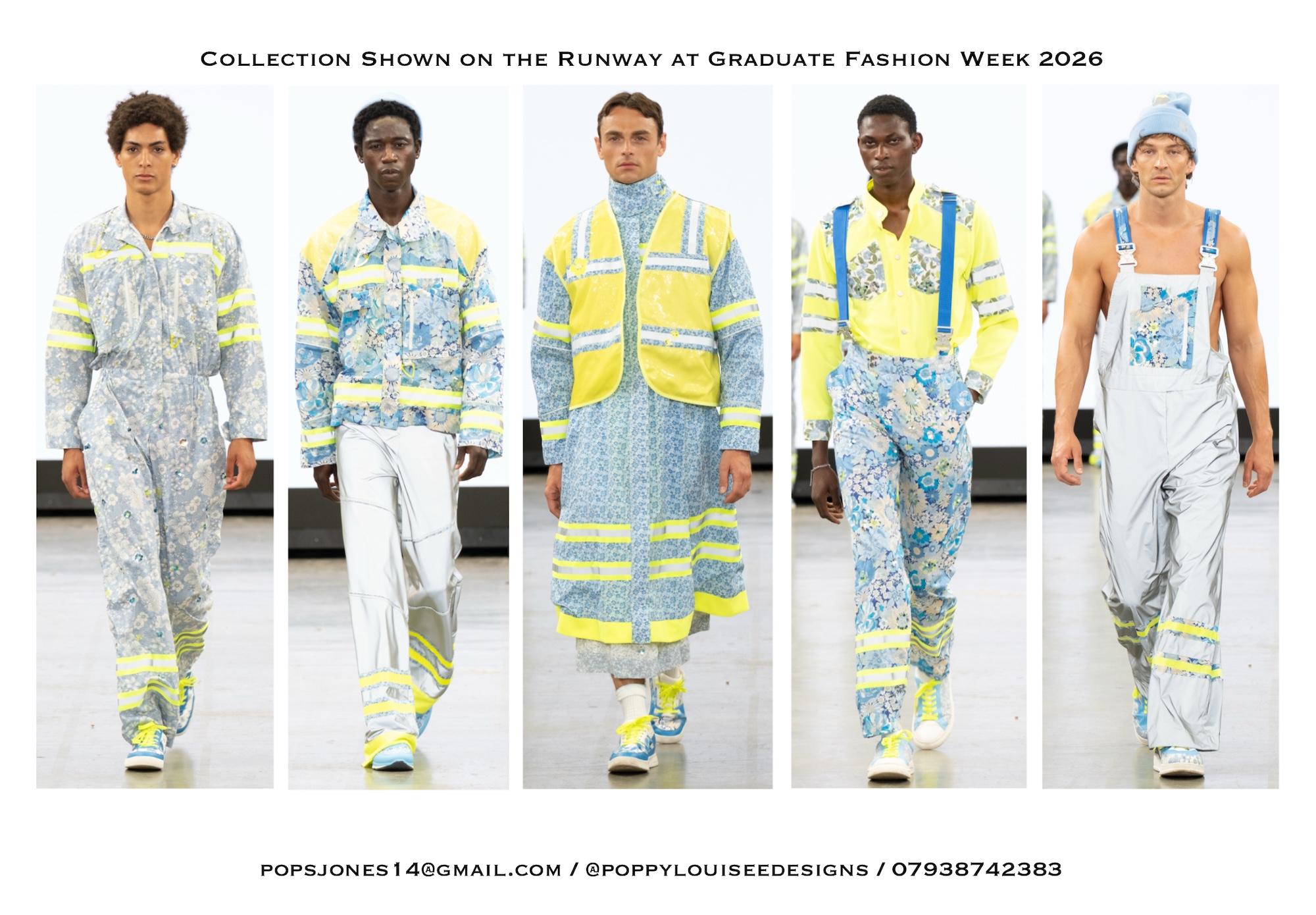 Five male models showcase a fashion collection on a runway at Graduate Fashion Week 2026. The outfits feature bright pastel patterns and safety-inspired designs, incorporating reflective yellow bands on varying garments.