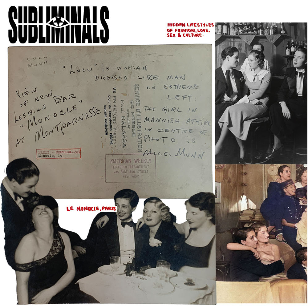 Album cover collage with "SUBLIMINALS" text. Vintage black and white photographs of people in formal wear arranged around handwritten notes on lined paper.