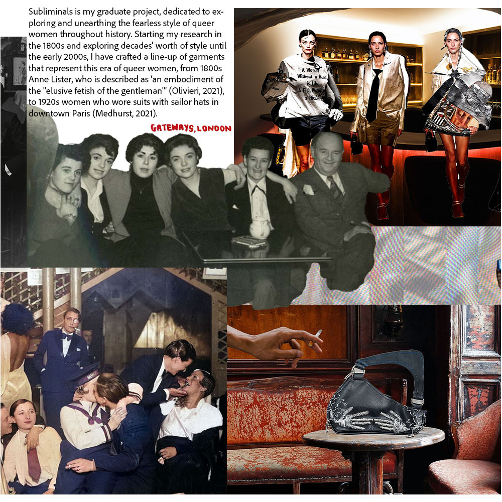 Collage showing vintage photographs of women in 1920s-style clothing, descriptive text about queer fashion history research project, and red interior scenes.