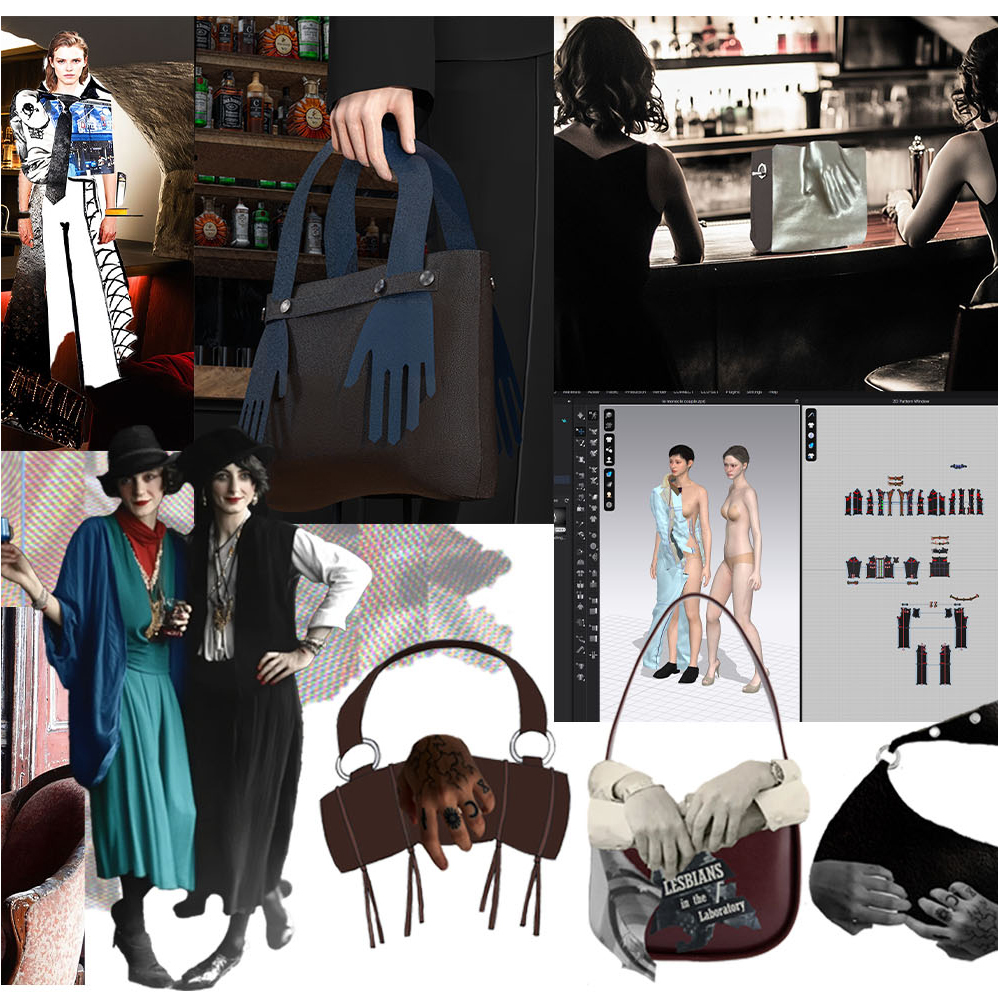 Collage of fashion imagery, illustrations and photographs arranged in grid layout with people, clothing sketches, and design elements.