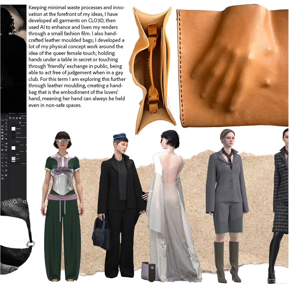 Fashion design presentation showing five 3D rendered figures in varied clothing styles, with text block and brown leather handbag detail above.