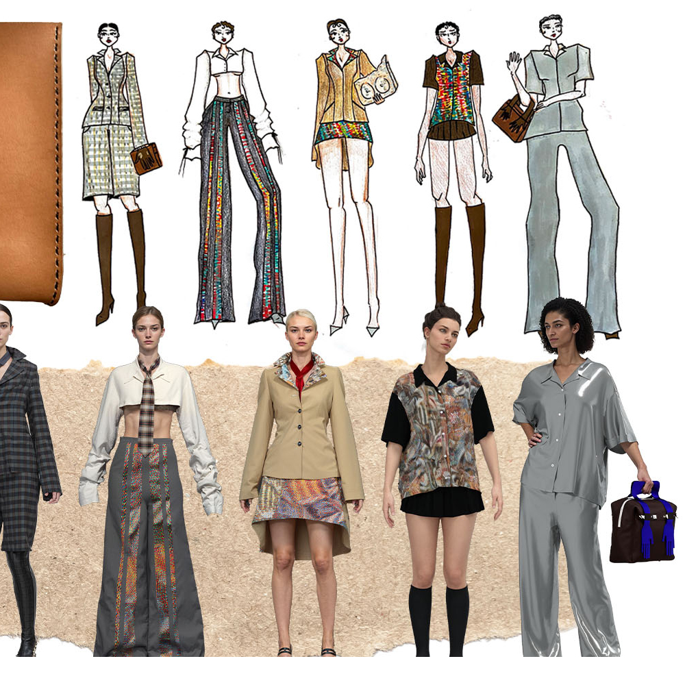 Fashion design sketches above show five illustrated figures in colourful outfits; below are corresponding models wearing the designs.