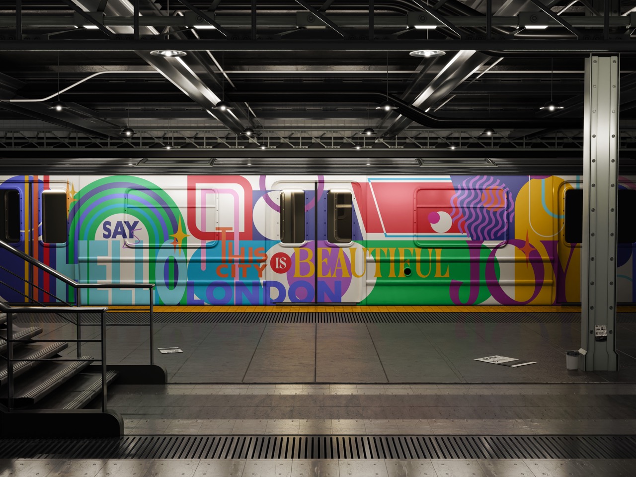 Mock-up of colourful graphic design shapes on an underground train carriage, stairs and industrial ceiling.