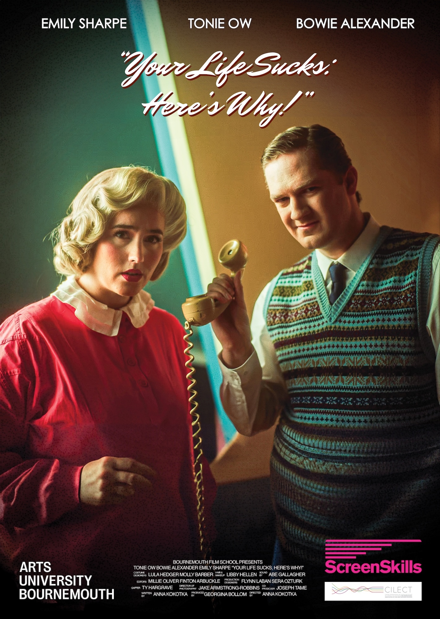 Film poster featuring blonde woman in red holding telephone, man in patterned jumper with blue lightsabre. Teal and brown lighting.