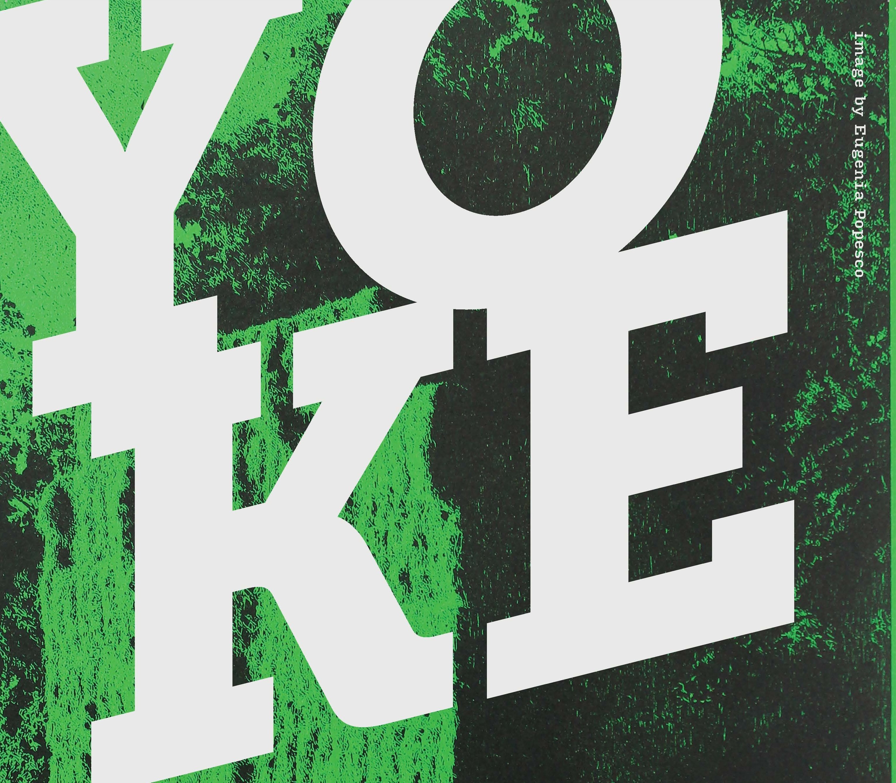 Poster with a green and black abstract background and the word 'YOKE' emblazoned over it.