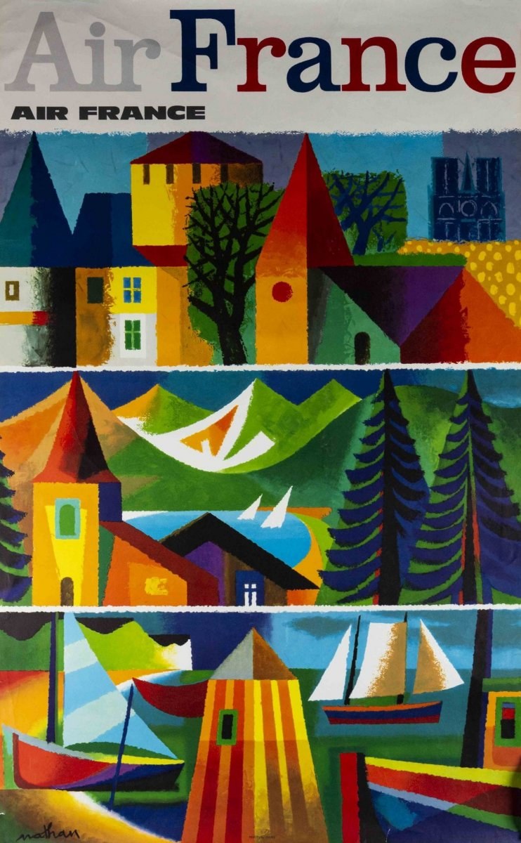 A poster showing three illustrated artworks of various buildings, plus trees, boats, a lake and mountains. The words 'Air France' appear twice in different fonts along the top.