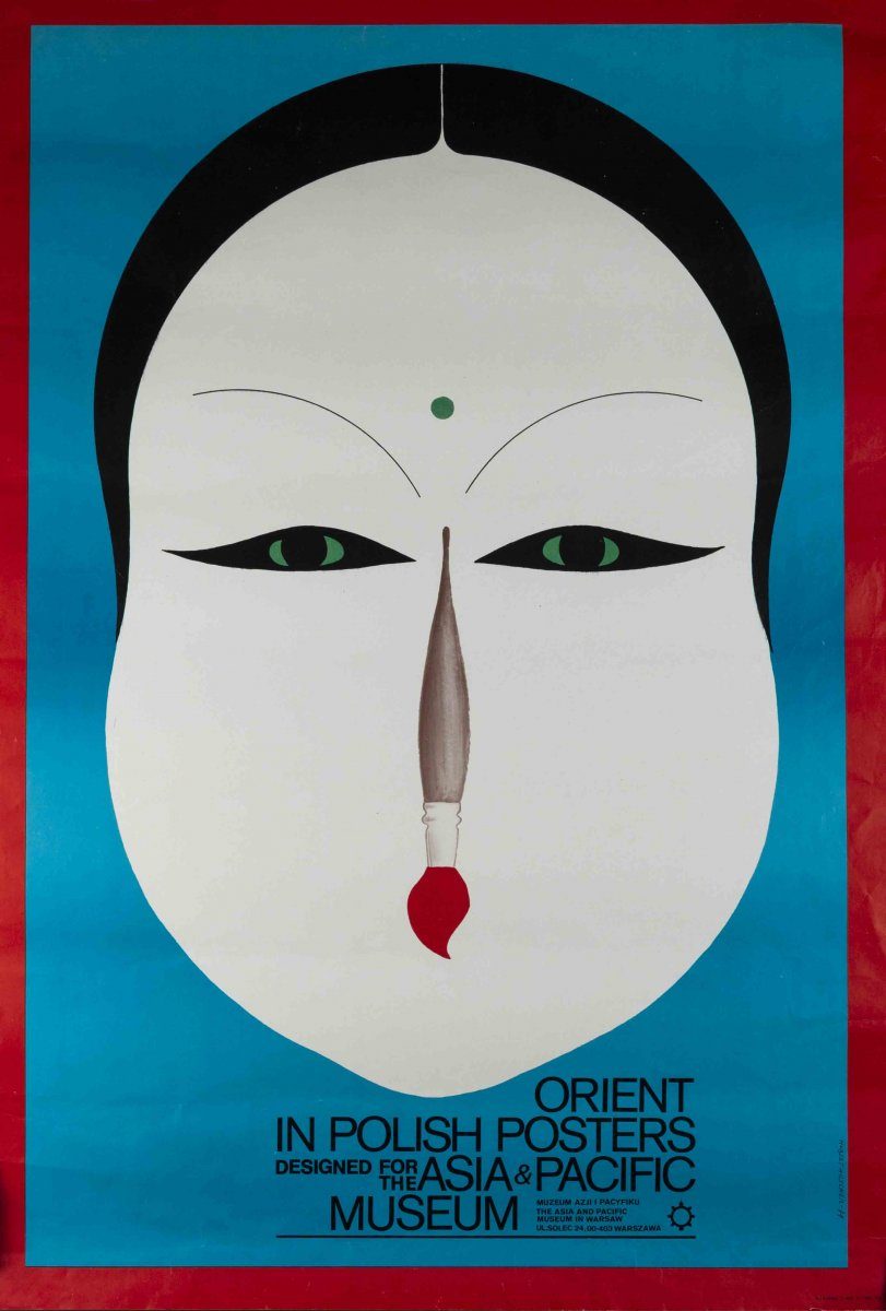 Poster with an Oriental-style mask and a paint brush in the middle. Text appears at the bottom, saying 'Orient in Polish posters. Designed for the Asia & Pacific Museum".