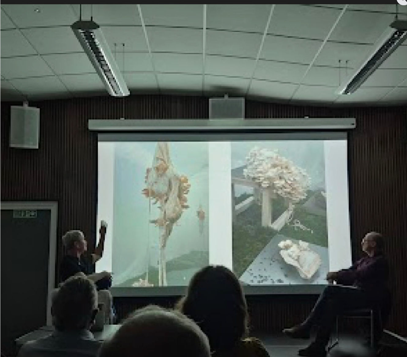 Lecturer presenting to audience in conference room with projector screen showing two images of archaeological artifacts or fossils.