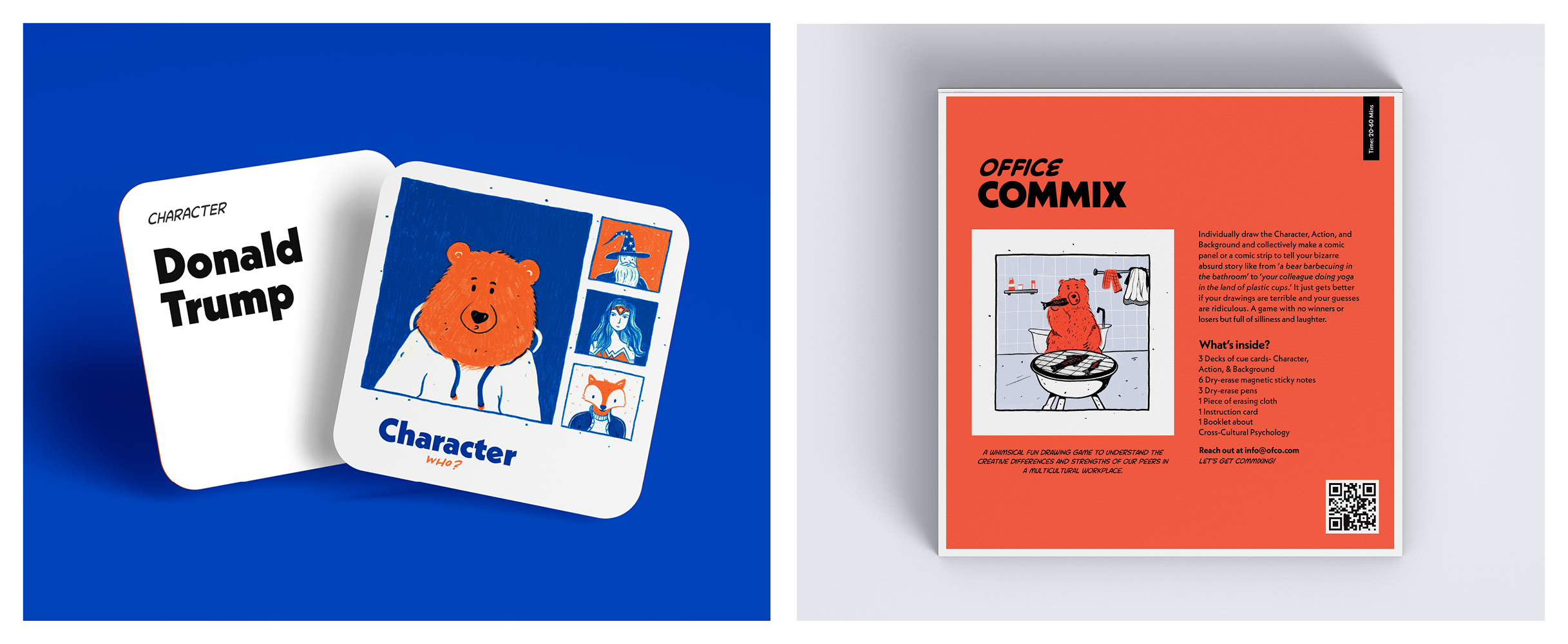 Left-hand image shows two square cards. One has the text 'Donald Trump' while the other has an illustration of a bear and the word 'Character' underneath. Right-hand image shows an illustration of a bear eating fish at a barbecue, with blocks of text on the right.