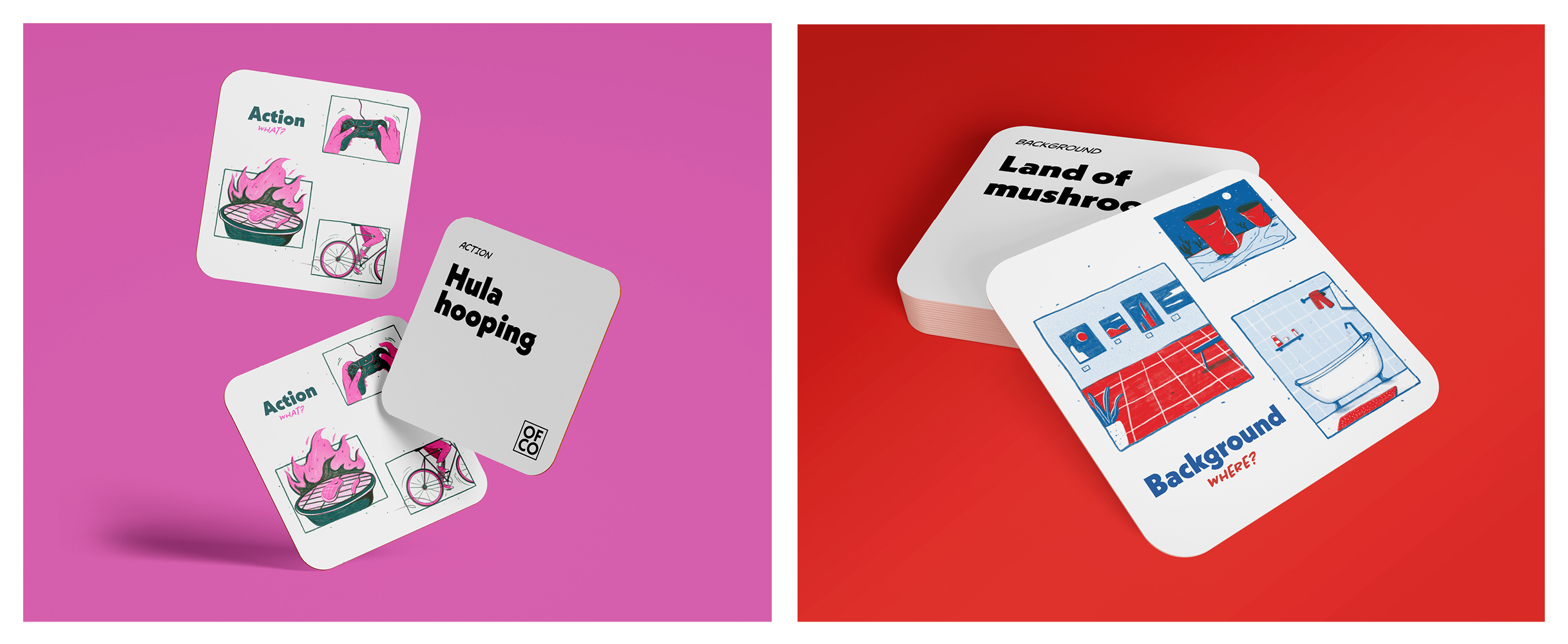 Left-hand image shows three square cards, one of which has the text 'Hula hooping'. Right-hand image shows a card turned over out of a deck, showing illustrations of three different locations and the word 'Background' in the bottom-left corner.