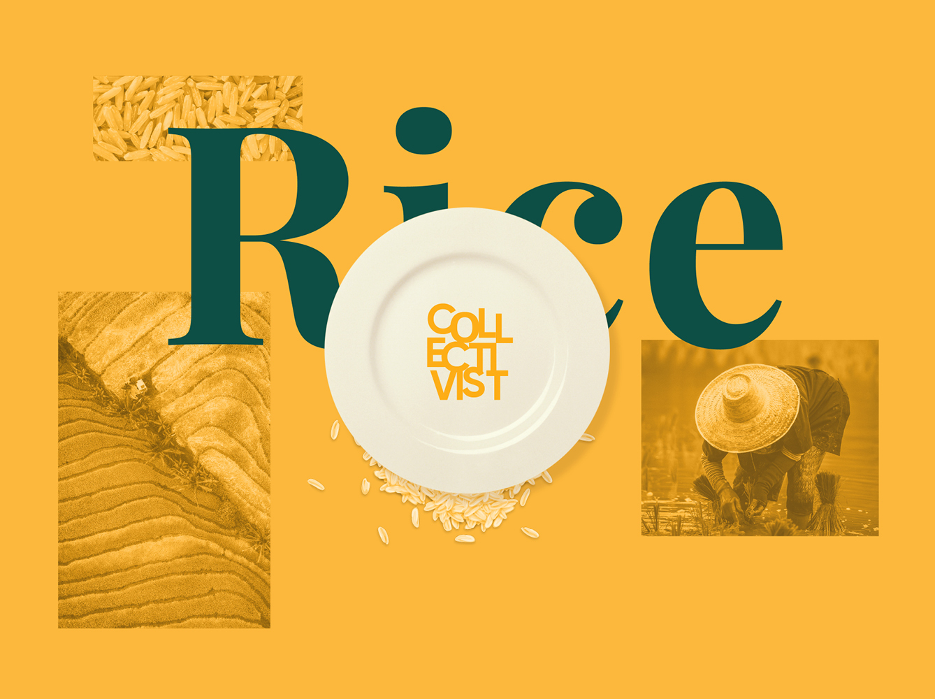Yellow banner with the word 'Rice' in large text in the middle. A plate appears over the text with the word 'Collectivist' inside it. Grains of rice appear under the plate.