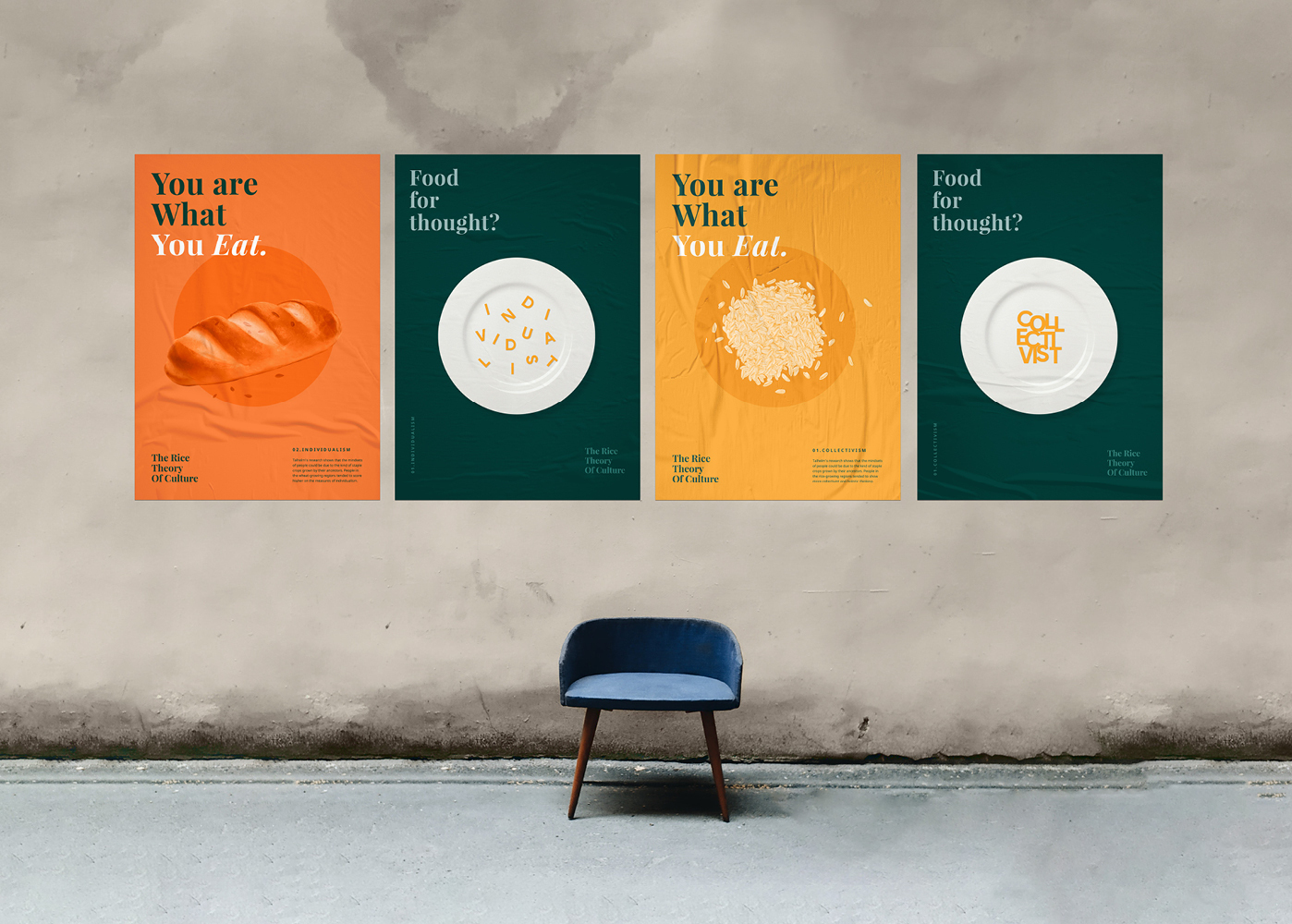 Four posters stuck to a plain stone wall. Two have the text 'You are what you eat', the other two have the text, 'Food for thought?' A single chair sits in the centre.