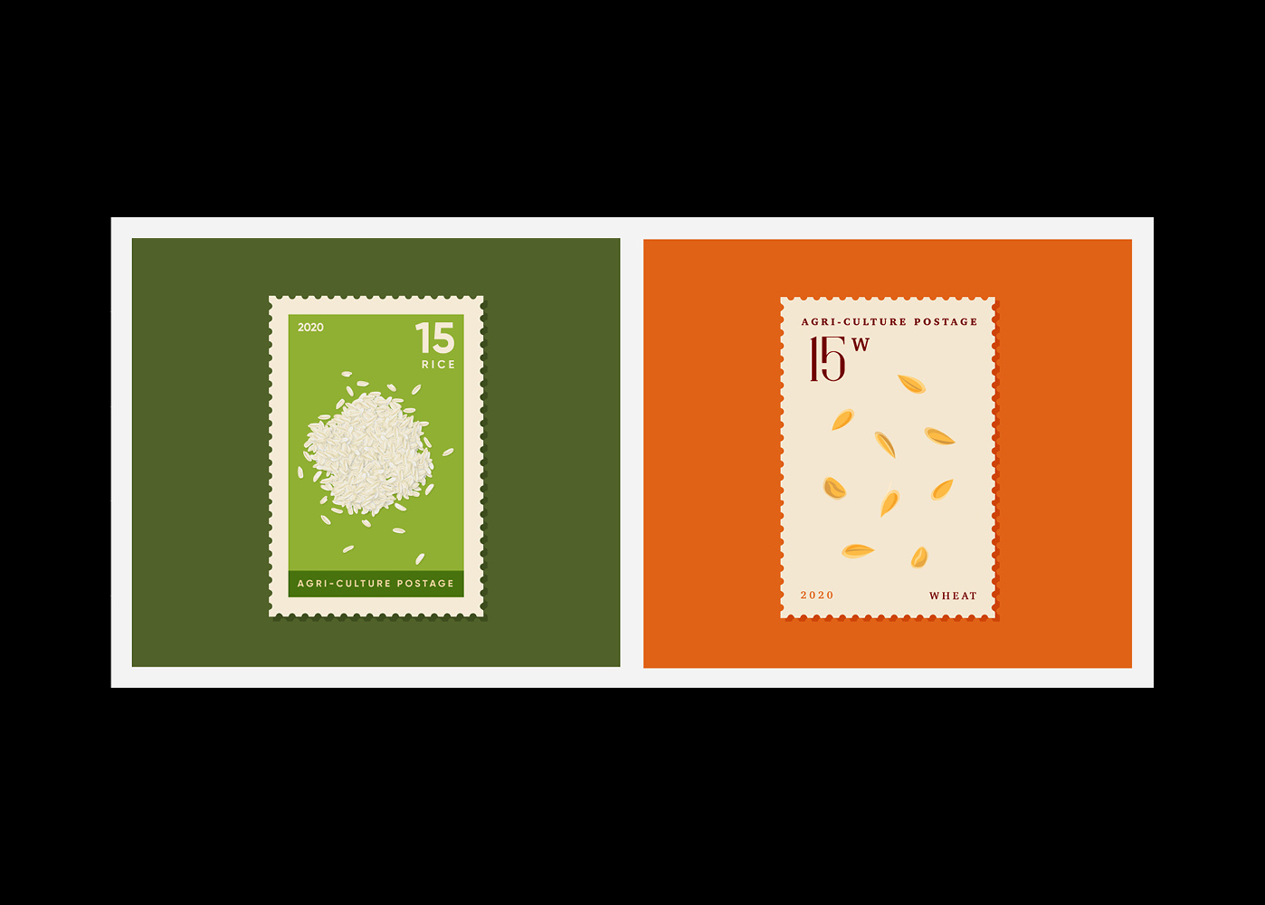Two postage stamps, one shows a pile of rice in the centre, the other shows kernels of wheat.