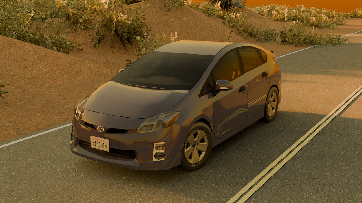 Grey Toyota Prius hybrid car driving on tarmac road with yellow centre lines in desert landscape with golden lighting.