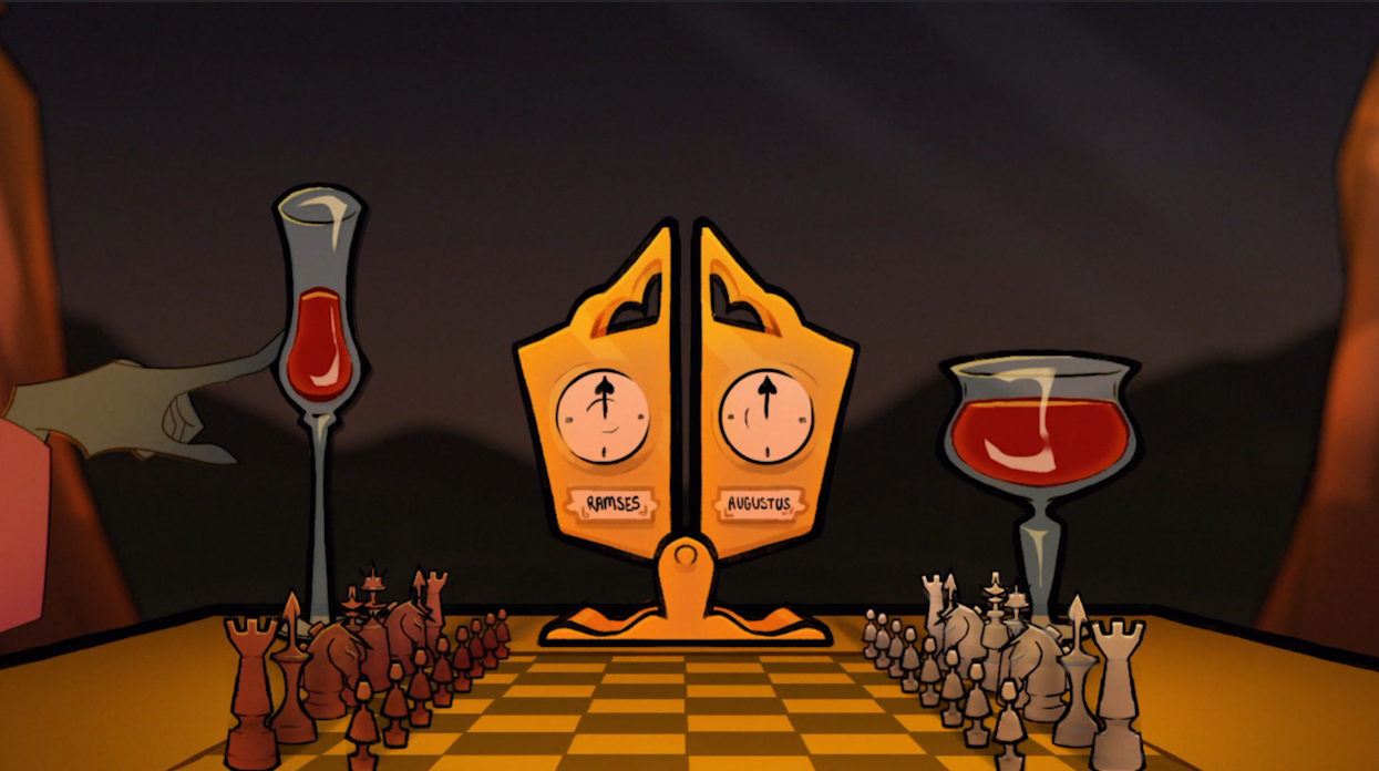 Animation still of a chess board, with a golden timer in the middle and a glass of red wine on each side.