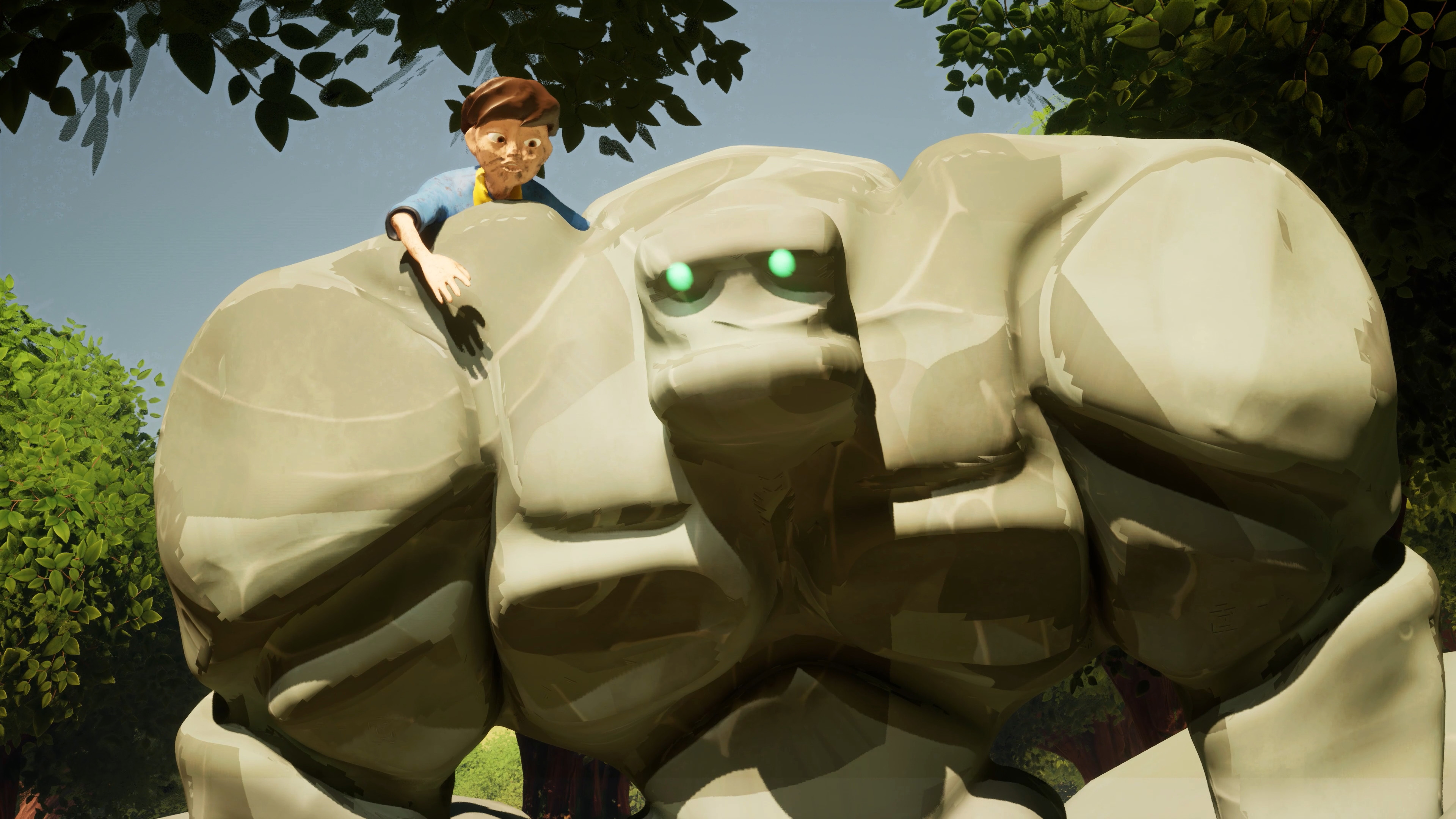 A 3D–animated scene of a rock giant with green, glowing eyes carrying a young boy.