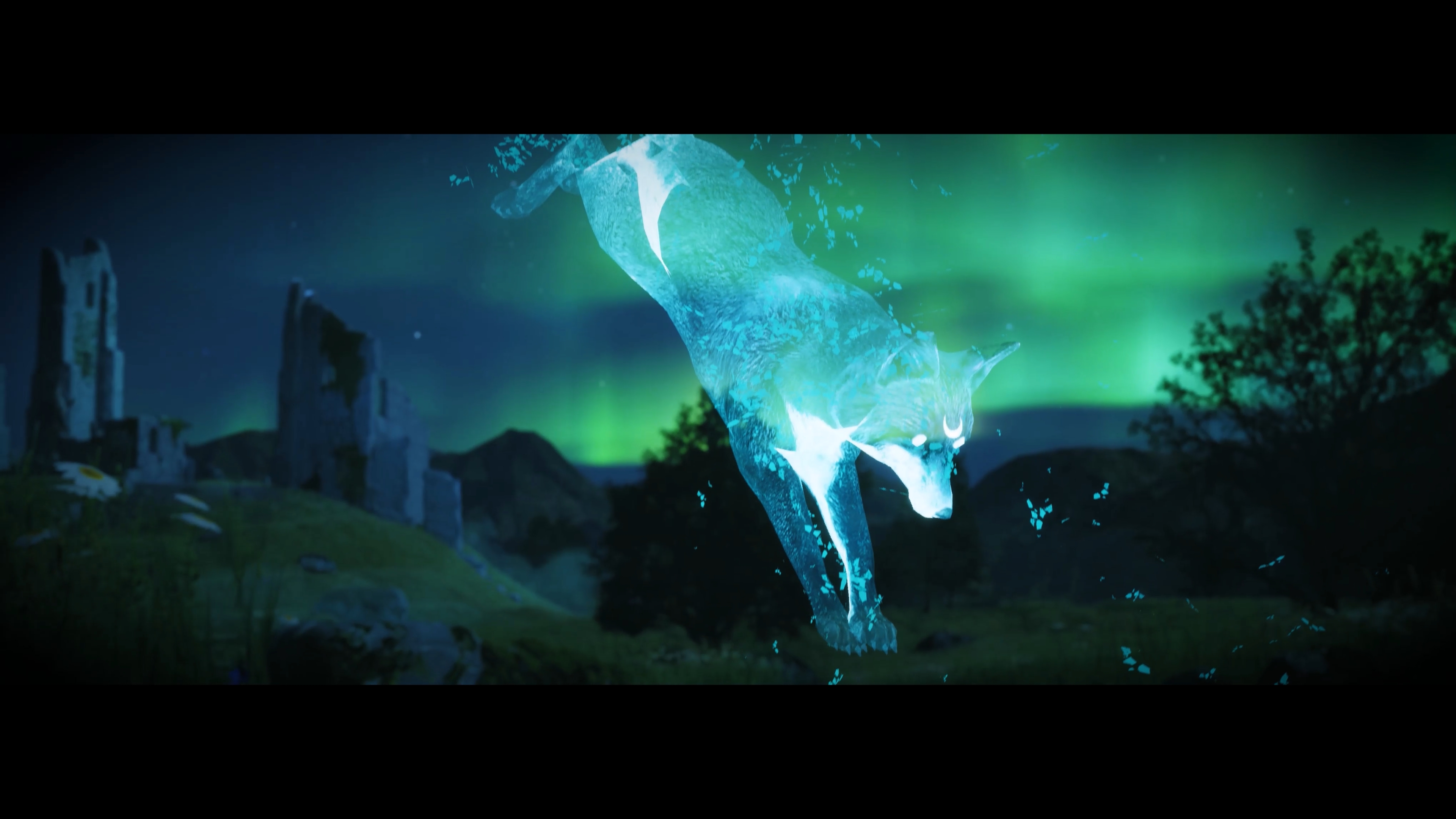 A 3D–animated scene of a translucent, shiny blue fox in front of a blurred scene of Corfe Castle at night with northern lights.