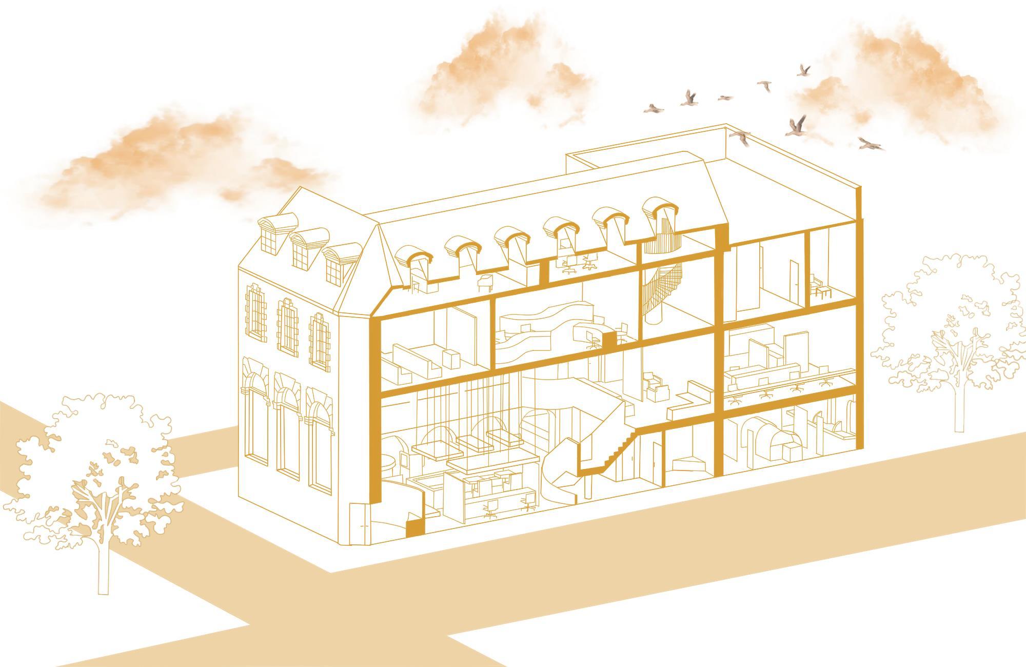 Final Portfolio project, orange building section cut for Southampton high street with proposed design.