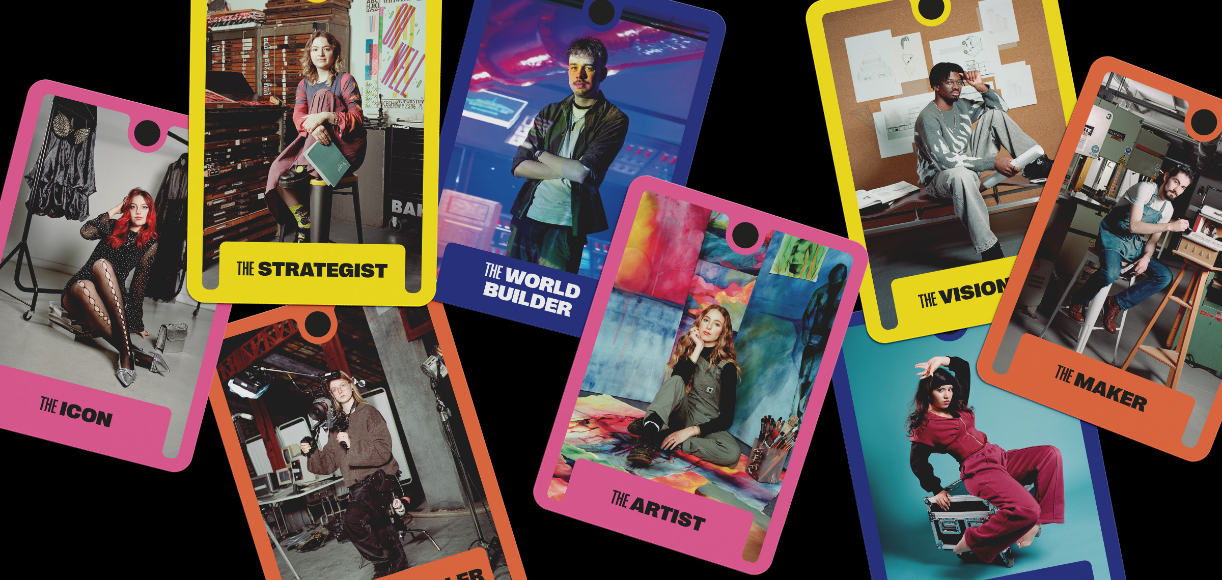 Colourful, scattered cards in pink, yellow, orange and blue featuring studio-shot images of students in different environments, dark background.