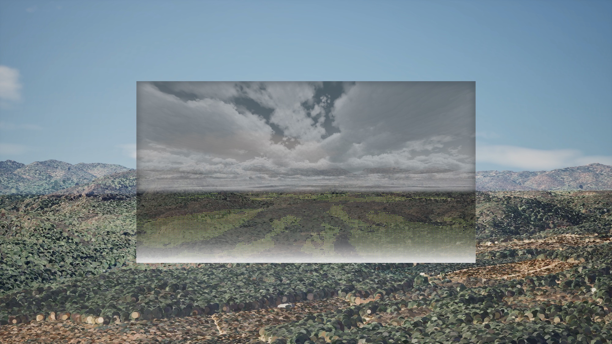 A digital landscape featuring a clear blue sky above a vast green field, bordered by mountains in the background. An overlay shows a rectangular image of a cloudy sky with grey tones, positioned centrally above the landscape.