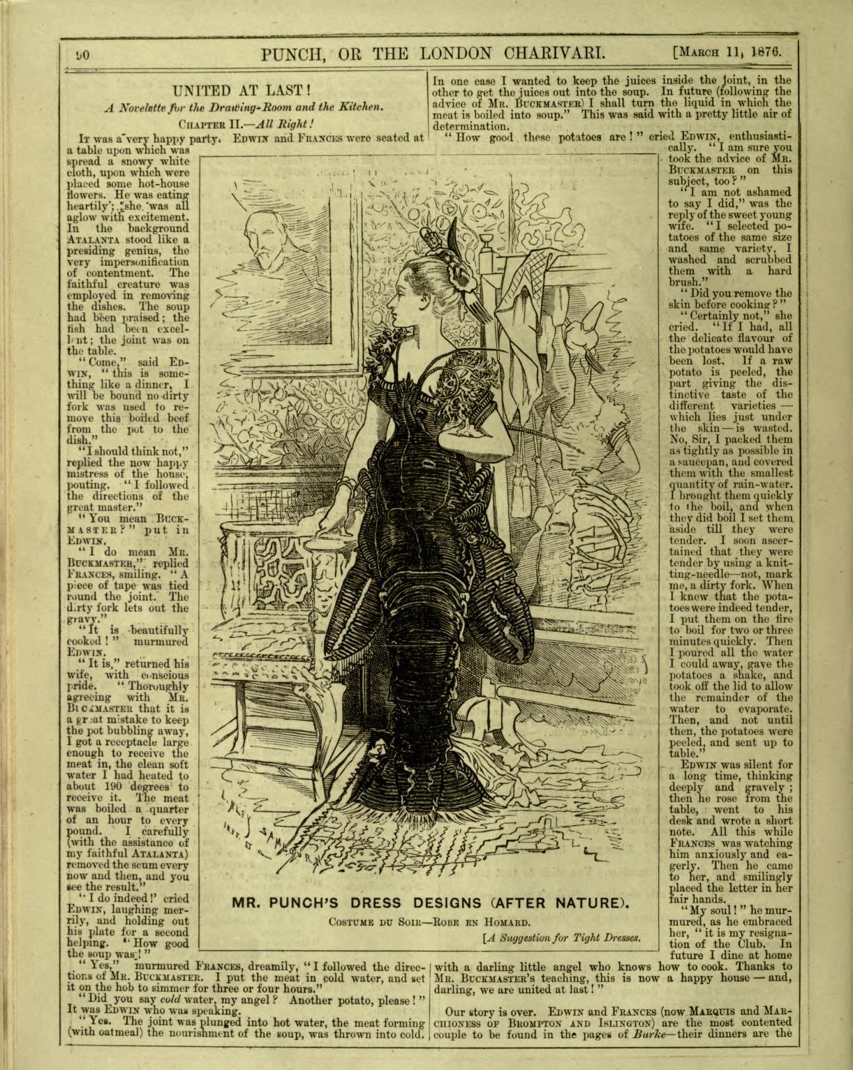Page from Punch Magazine. The illustration in the centre shows a woman in a dress inspired by a lobster.