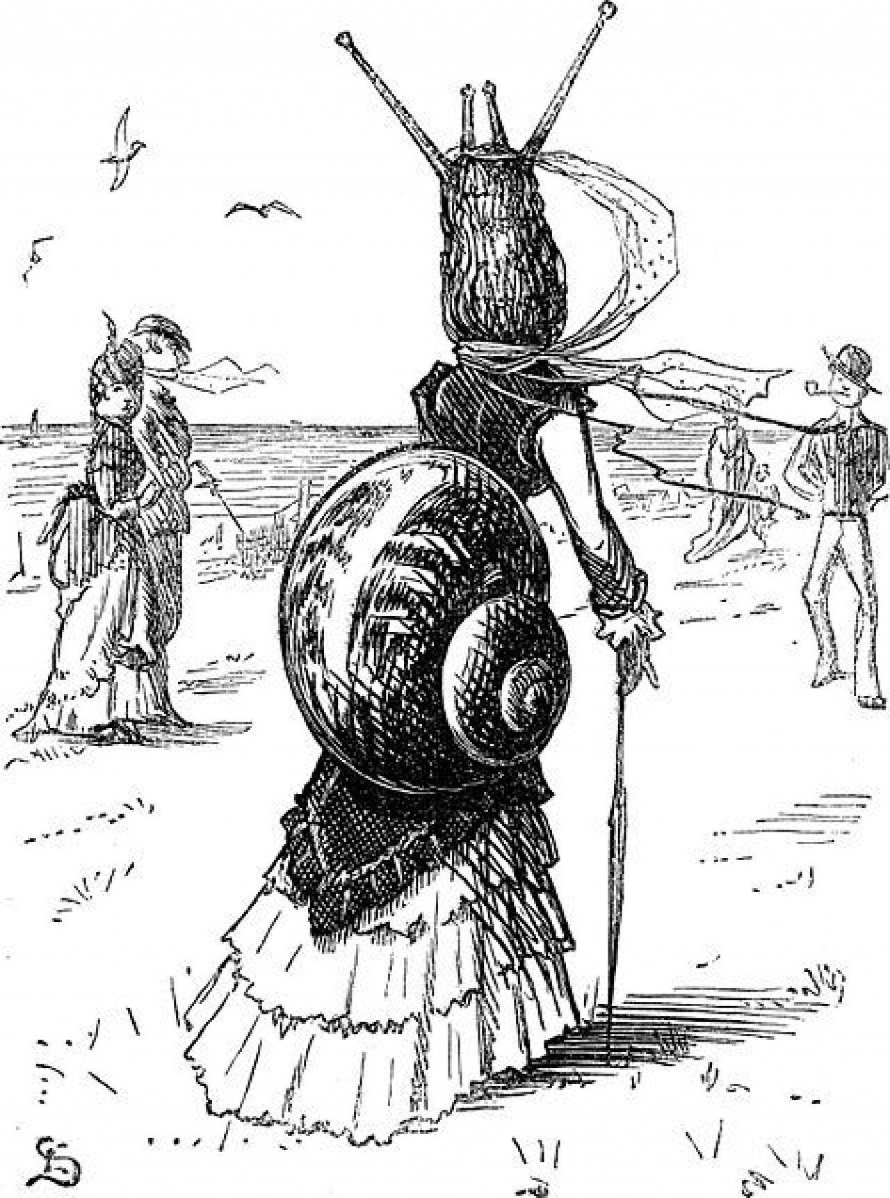 Line drawing of a woman in 19th century costume with a headdress and bustle inspired by a snail.