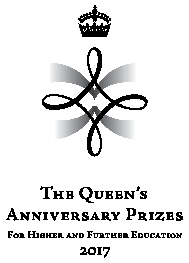 A curly logo with a crown above it. Text appears below appearing 'The Queen's Anniversary Prizes for higher and further education 2017'.