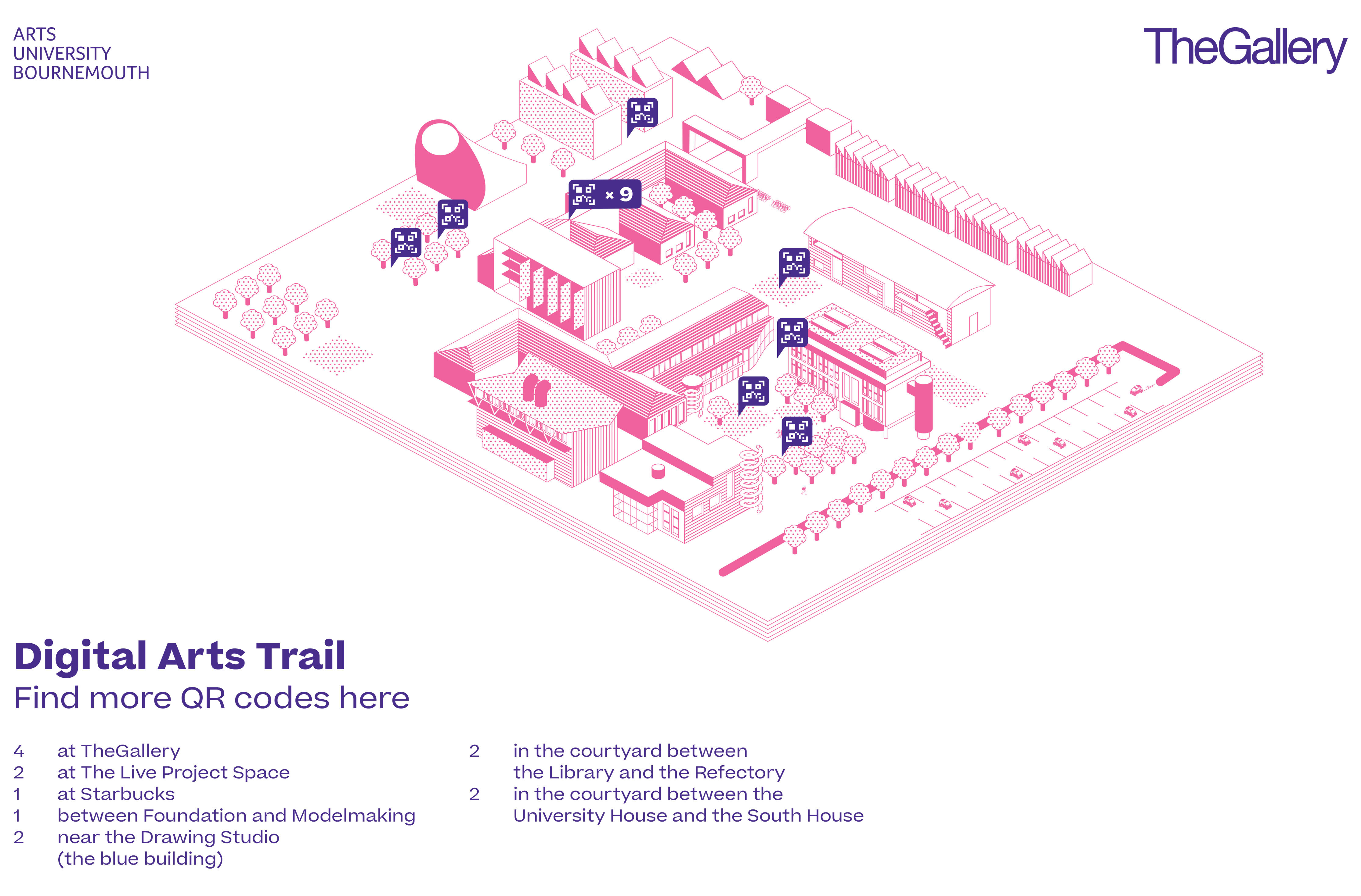 Illustration of a map of a university campus. Text appears in the bottom-left corner with the heading 'Digital Arts Trail'.