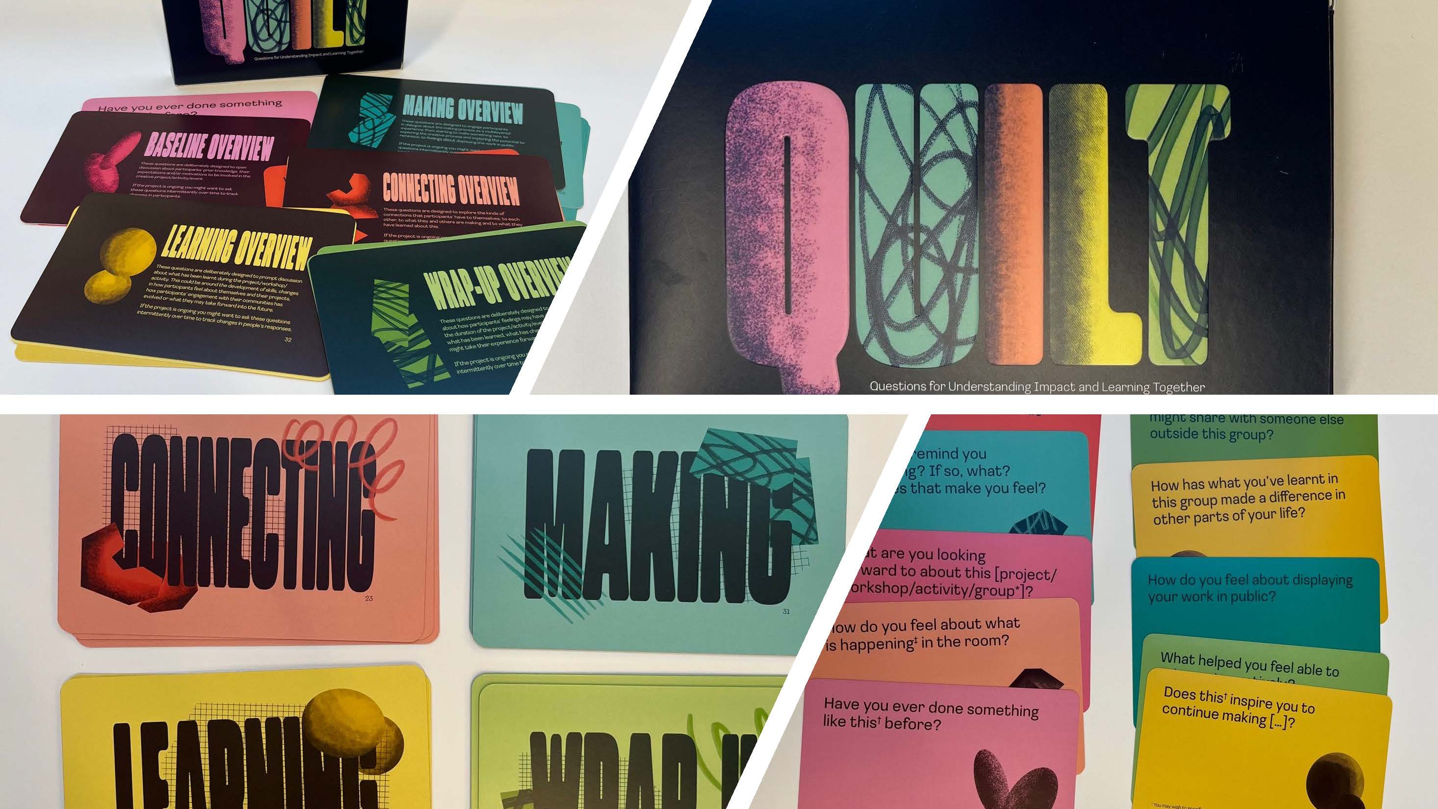 A set of colourful educational cards and posters with bold lettering, arranged in a collage on a light background.