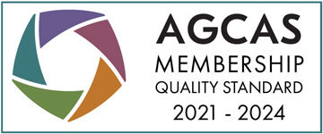 Logo on a white banner with a multicoloured pentagon on the left, and text reading "AGCAS Membership Quality Standard 2021 - 2024" on the right.