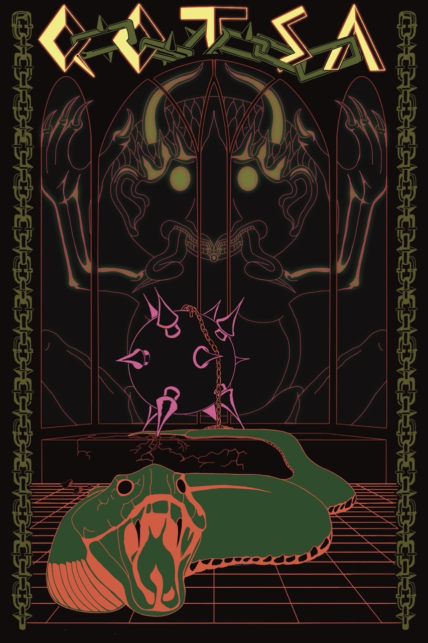 Abstract neon-like poster with a snake, spiky ball and figure, geometric, dark background.