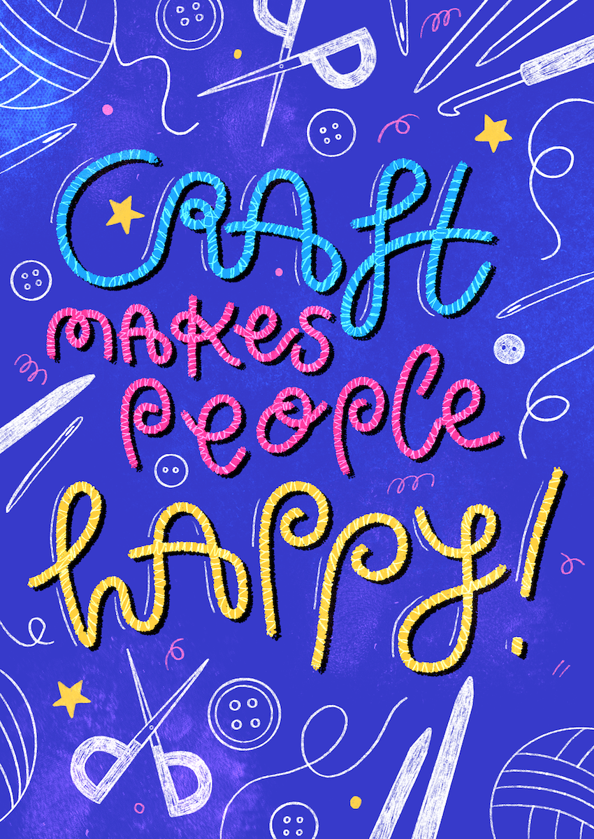 Blue banner with text reading "Craft makes people happy!" in colourful yarn-like text.